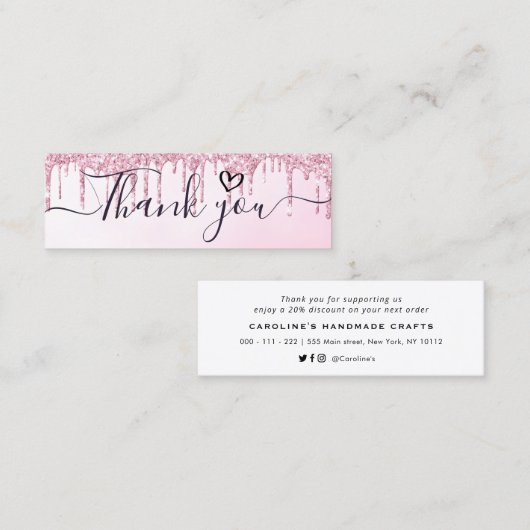 ピンクのグリッター挿入ビジネスのスクリプトを作成する スキニー名刺 (正面/裏面)