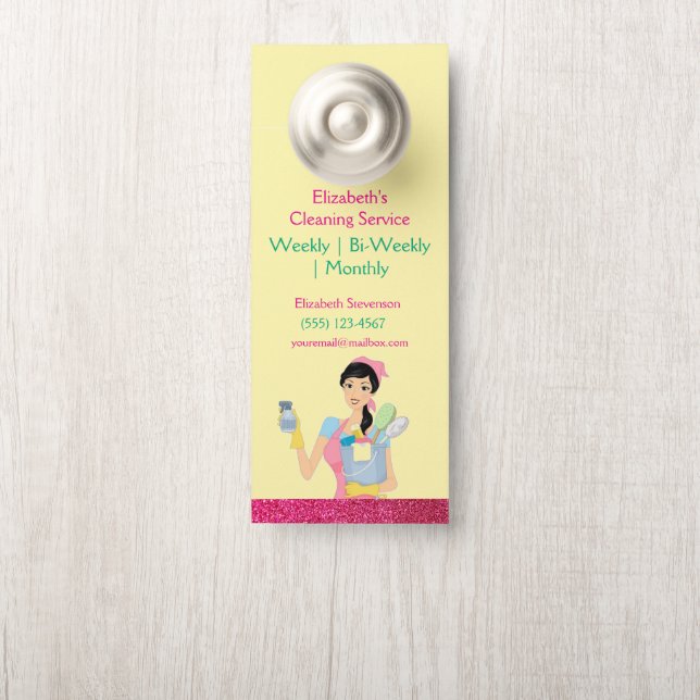 ピンクのグリッター漫画メイドのハウス・クリーニング・サービス ドアノブサイン (ノブ)