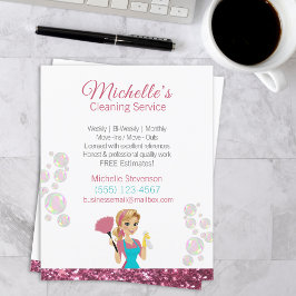 ピンクのグリッター漫画メイドハウス清掃サービス チラシ