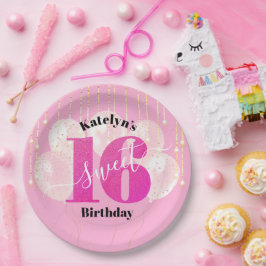 ピンクのグリッター甘い16誕生日バルーンのスクリプト ペーパープレート