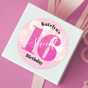 ピンクのグリッター甘い16誕生日バルーンのスクリプト ラウンドシール