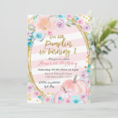 ピンクのグリッター私たちの小さなカボチャ1st誕生日 招待状 (スタンド正面)