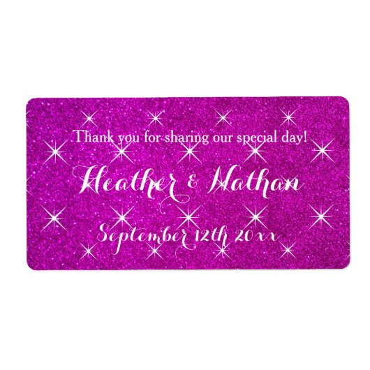 ピンクのグリッター結婚のワインまたはウォーターボトルのラベル ラベル (正面)