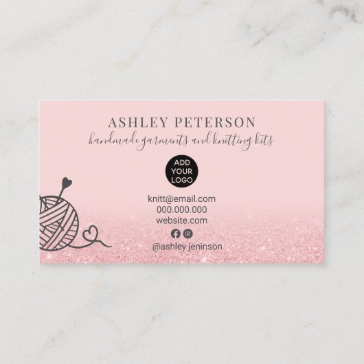 ピンクのグリッター編み物クロシェ糸手作り 名刺 (裏面)