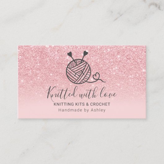 ピンクのグリッター編み物クロシェ糸手作り 名刺 (正面)