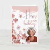 ピンクのグリッター花の花の写真 50歳の誕生日 カード (正面)