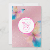 ピンクのグリッター蝶のお正月のご挨 シーズンカード (正面)