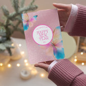 ピンクのグリッター蝶のお正月メッセージ シーズンカード