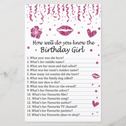 ピンクのグリッター誕生日のギルをどれだけ知っているか (正面)