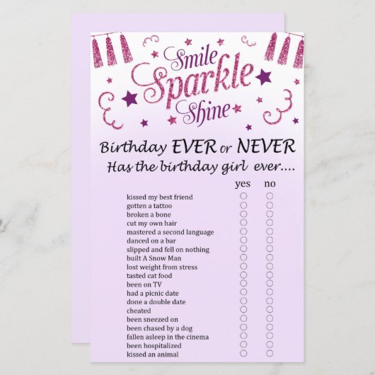ピンクのグリッター誕生日は常にまたは決してゲーム (正面/裏面)