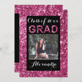 ピンクのグリッター調 写真1枚 卒業おめでとう 招待状 (正面/裏面)