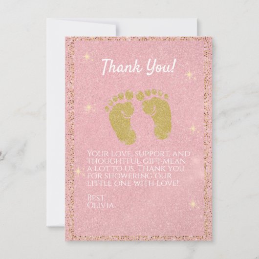 ピンクのグリッター足跡ベビーガールサンキューカード サンキューカード (正面)