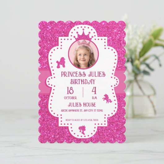 ピンクのグリッター輝きプリンセス誕生日 招待状 (スタンド正面)