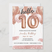 ピンクのグリッター風船 10歳の誕生日パーティー 招待状 (正面)