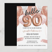 ピンクのグリッター風船 90歳の誕生日パーティー 招待状 (正面/裏面)