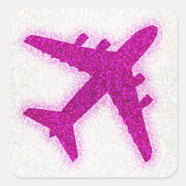 ピンクのグリッター飛行機の丸いステッカーラベル スクエアシール