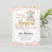 ピンクのグリッター馬のカルーセルベイビーシャワー招待状 招待状 (スタンド正面)