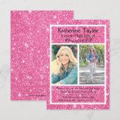 ピンクのグリッター2枚の写真 - 3x5 卒業のお知らせ 招待状 (正面/裏面)