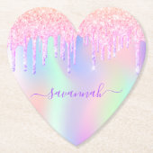 ピンクのグリッター イリデッセント ローズゴールド レインボー 誕生日 ペーパーコースター (正面)