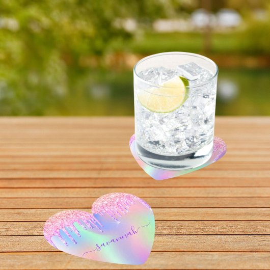 ピンクのグリッター イリデッセント ローズゴールド レインボー 誕生日 ペーパーコースター