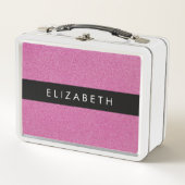 ピンクのグリッター、グリッターの背景、名前 メタルランチボックス (正面)