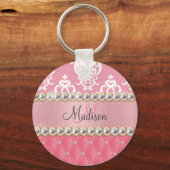 ピンクのグリッター、ダマスク、ラインフェイク石で房状 キーホルダー (正面)