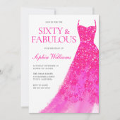 ピンクのグリッター ドレス 60歳の誕生日パーティー 招待状 (正面)