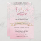 ピンクのグリッター バレエシューズ & チュチュ 誕生日パーティー 招待状 (正面/裏面)