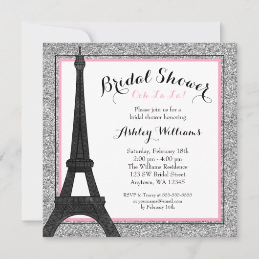 ピンクのグリッター パリ ブライダルシャワー 招待状 (正面)