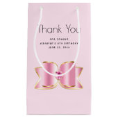 ピンクのグリッター ボウ with センター ジェム パーティー サンクス スモールペーパーバッグ (正面)