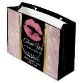 ピンクのグリッター リップ & ローズゴールドのトロピカル リーフ ラージペーパーバッグ (裏面アングル)