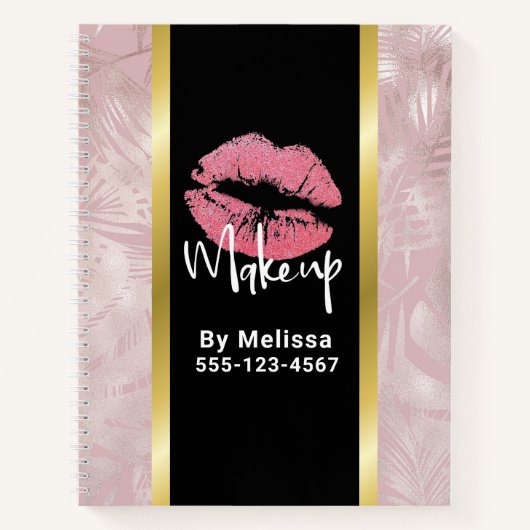 ピンクのグリッター リップ & ローズゴールドの葉 メイク ビジネス ノートブック (正面)