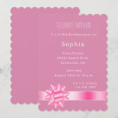 ピンクのグリッター リボンとボウの誕生日 招待状 (正面/裏面)