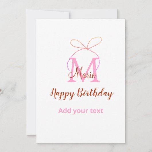 ピンクのグリッター リボン 名前イニシャル 誕生日 招待状 (正面)