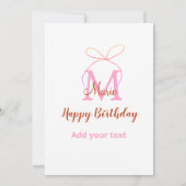 ピンクのグリッター リボン 名前イニシャル 誕生日 招待状 (裏面)