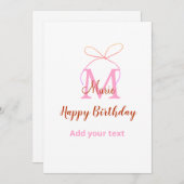 ピンクのグリッター リボン 名前イニシャル 誕生日 招待状 (正面/裏面)