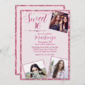 ピンクのグリッター&写真スウィート16誕生日パーティー 招待状 (正面/裏面)