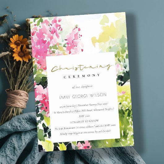 ピンクのグリーンのトロピカルなブーゲンビリアの命名式 招待状