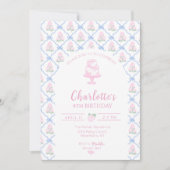 ピンクのグリーンのハイドランジアの青いリボンのトレリス 招待状 (正面)