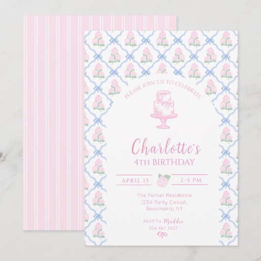 ピンクのグリーンのハイドランジアの青いリボンのトレリス 招待状 (正面/裏面)