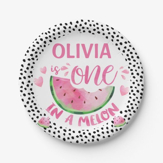 ピンクのグリーンブラックワンインスイカ1歳の誕生日パーティー ペーパープレート (正面)
