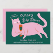ピンクのグリーン猫かわいい赤ちゃんシャワー 招待状 (正面/裏面)