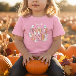 ピンクのグルービーでスプーキーな1歳の誕生日お祝い女の子用ゴーストデザイン ベビーTシャツ