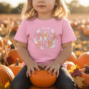 ピンクのグルービーでスプーキーな1歳の誕生日お祝い女の子用ゴーストデザイン ベビーTシャツ