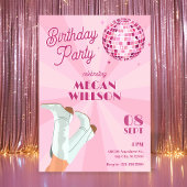 ピンクのグルービーブーツディスコボールの誕生日 招待状