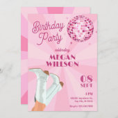 ピンクのグルービーブーツディスコボールの誕生日 招待状 (正面/裏面)