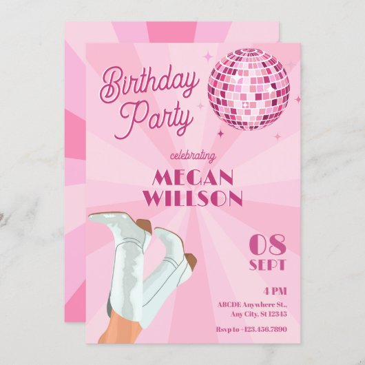 ピンクのグルービーブーツディスコボールの誕生日 招待状 (正面/裏面)
