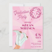 ピンクのグルービーブーツディスコボール卒業パーティー 招待状 (正面)