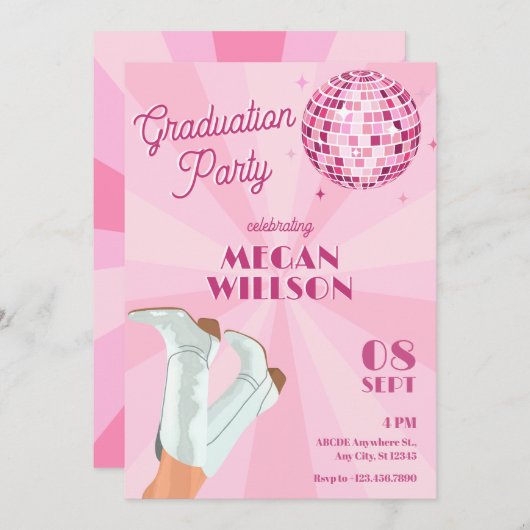 ピンクのグルービーブーツディスコボール卒業パーティー 招待状 (正面/裏面)