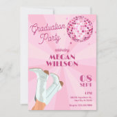 ピンクのグルービーブーツディスコボール卒業パーティー 招待状 (正面)